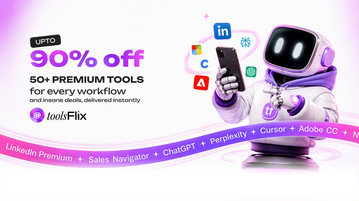 Promotional graphic for toolsFlix offering up to 90% off 50+ premium tools. The left side features bold purple and black text on a light pink background, while the right side shows a cute white and purple robot holding a smartphone with various software and platform icons floating around it, including LinkedIn, Microsoft Word, Google Sheets, and Adobe CC.